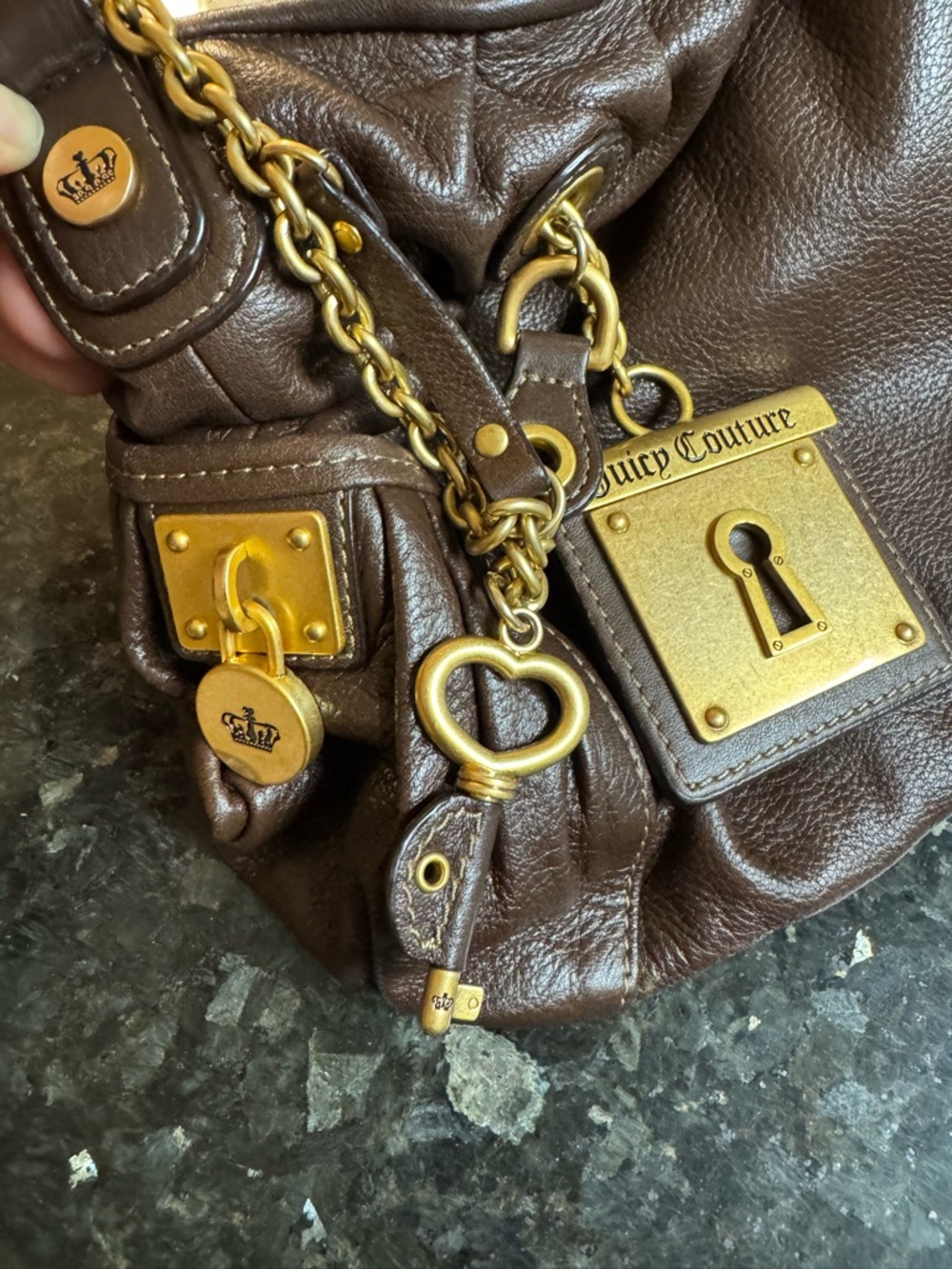 Juicy Couture Chocolate Brown Leather Shoulder Bag with Gold Charm - Picture 12 of 16
